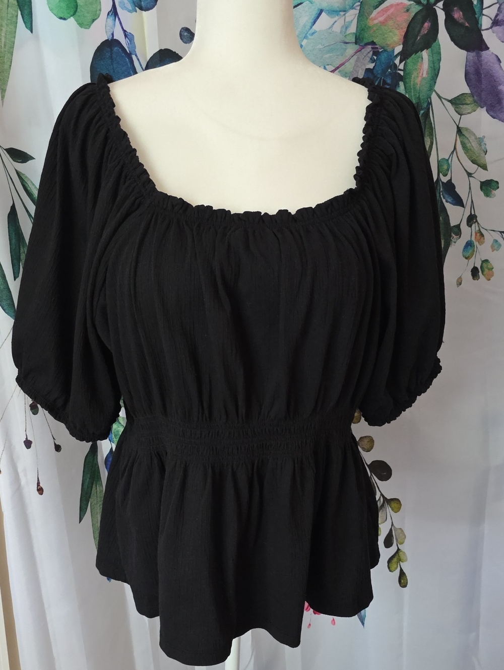 Old Navy Black Square-Neck Peasant Top with Smocked Waist